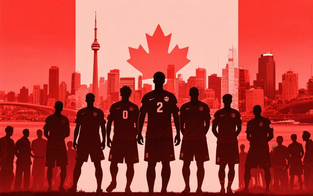 加拿大国家队球员剪影与城市天际线叠加，多元文化氛围